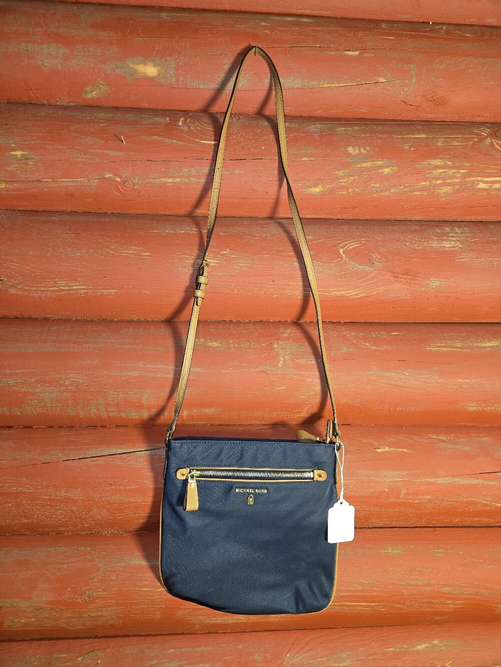 Michael Kors Navy Crossbody with Tan Trim and Gold Hardware